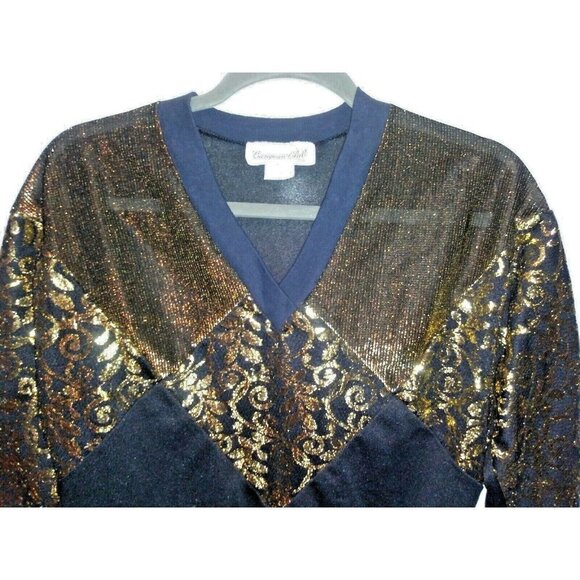 PARTY TOP womens GOLD BLACK vintage European Club Sz M MADE IN USA V neck - Picture 3 of 6